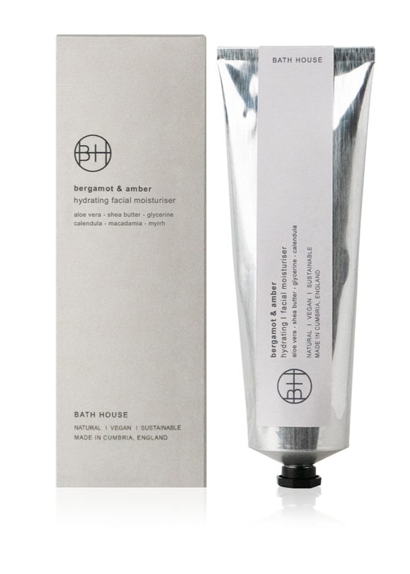 Bath House bergamot & amber hydrating facial moisturizer with packaging on a white background