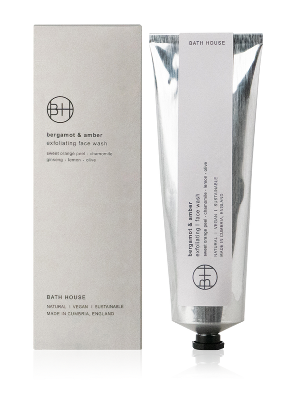 Bath House bergamot & amber exfoliating face wash with packaging on a white background