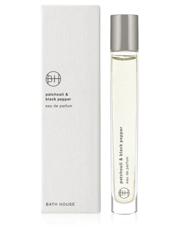 Perfume bottle and packaging of 'Patchouli & Black Pepper' by Bath House on a white background