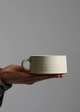 Hand holding a ceramic mug against a plain background