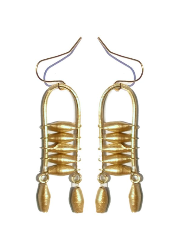 A pair of gold-colored earrings featuring paper beads dipped in gold paint, attached to brass hooks with rubber backings.