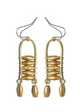 A pair of gold-colored earrings featuring paper beads dipped in gold paint, attached to brass hooks with rubber backings.