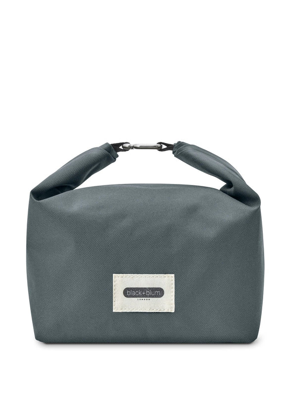 Gray shoulder bag with a visible brand label on a white background