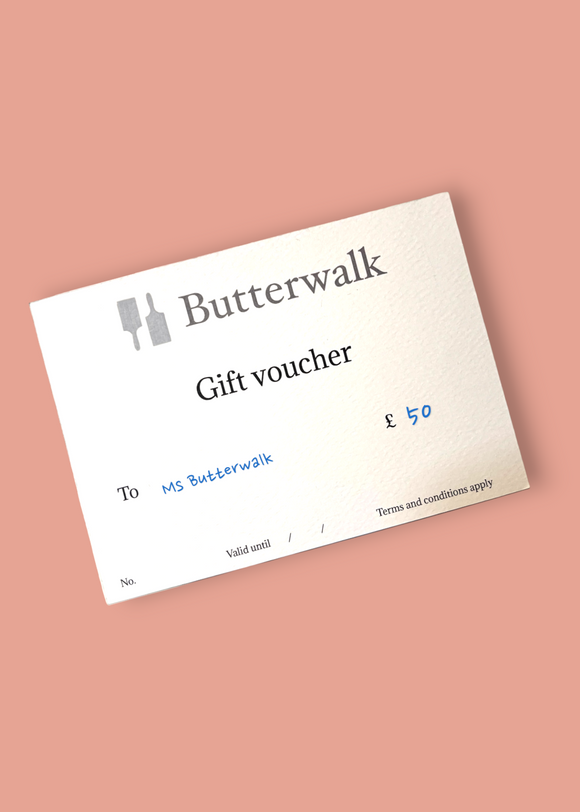 Butterwalk gift voucher on a pink background