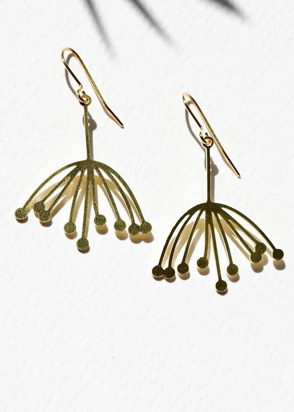 Gold earrings with a starburst design on a white background