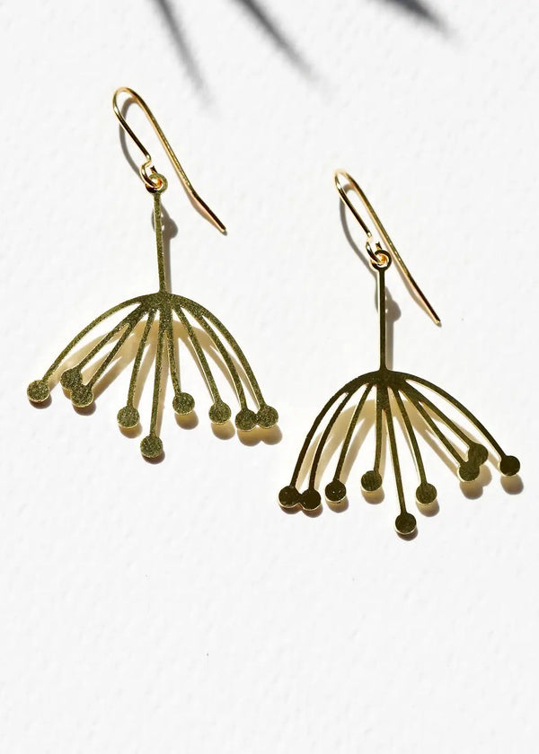 Gold earrings with a starburst design on a white background