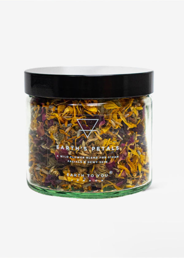 Jar of dried flowers with 'Earth's Petals' branding on a white background