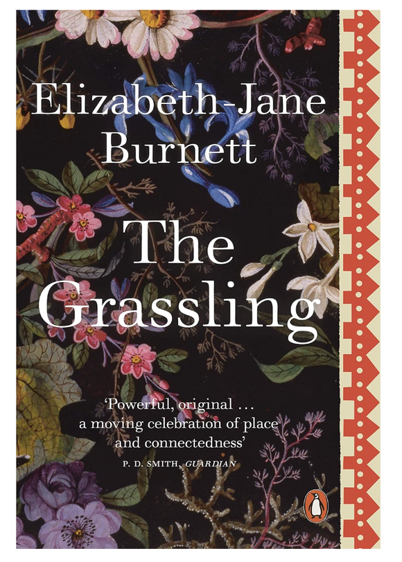 This image features the cover of the book "The Grassling" by Elizabeth-Jane Burnett. The cover design is richly adorned with a detailed and colorful floral pattern, including various flowers and insects, enhancing its visual appeal.