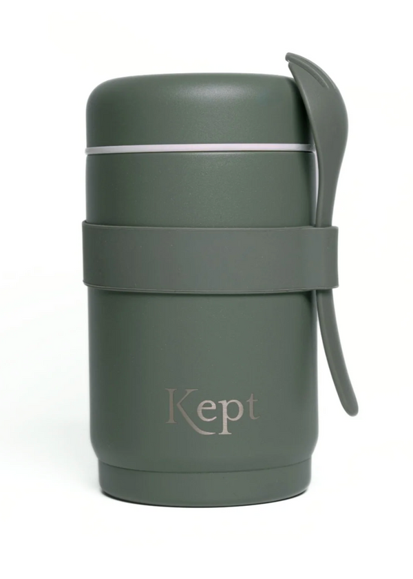 Green insulated food jar with spoon on a white background