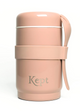 Pink thermos with a handle on a white background