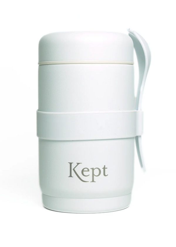 White insulated food jar with 'Kept' branding on a white background