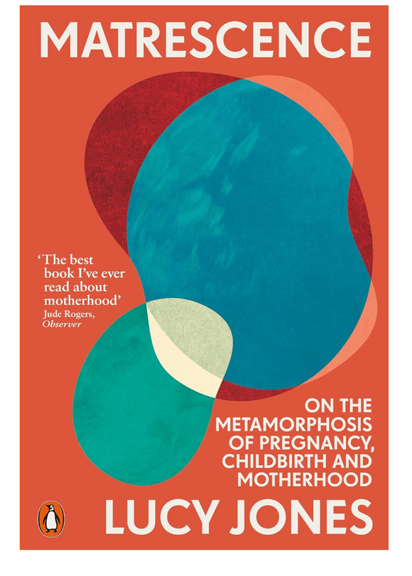 This image features the cover of the book "Matrescence - Lucy Jones," which explores the profound physiological, psychological, and social changes women experience during pregnancy, childbirth, and early motherhood. The book cover is striking with its vibrant, abstract design consisting of bold blue and red shapes, suggesting the complexity and depth of the subject matter.