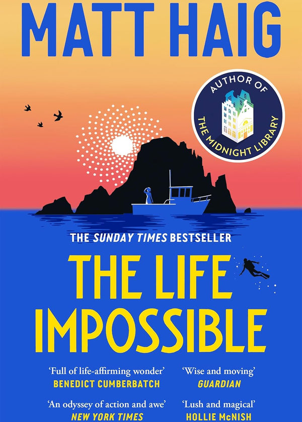 Book cover of 'The Life Impossible' by Matt Haig with a sunset over an island and a boat.