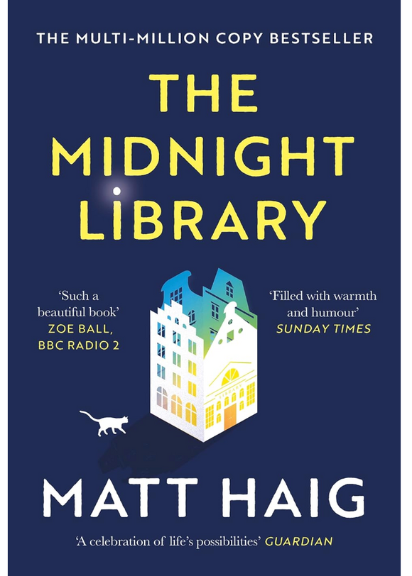 This image features the cover of "The Midnight Library" by Matt Haig, a book that has captivated millions, highlighted by its status as a multi-million copy bestseller. The cover design is striking, with a vivid depiction of a library building against a deep blue background, suggesting a theme of knowledge and exploration.