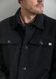 Close-up of a black jacket with button details on a neutral background