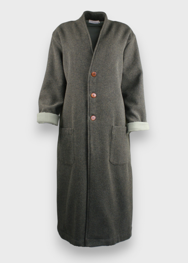 A long gray wool coat with wooden buttons, fully lined, displayed on a mannequin.
