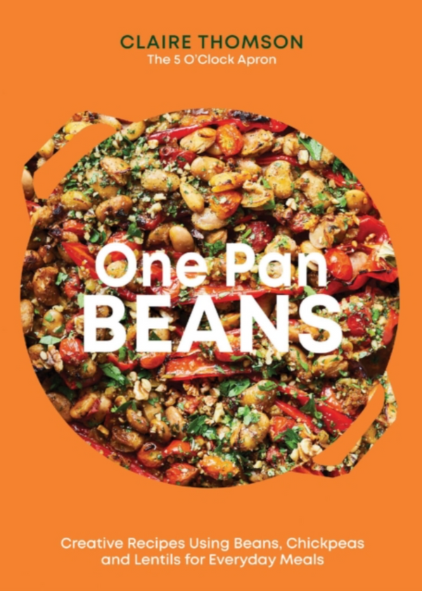 Book cover of 'One Pan Beans' with a pot of beans on an orange background