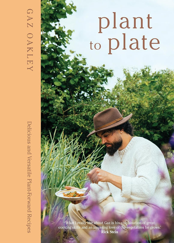 Book cover of 'Plant to Plate' by Gaz Oakley with a man eating outdoors.
