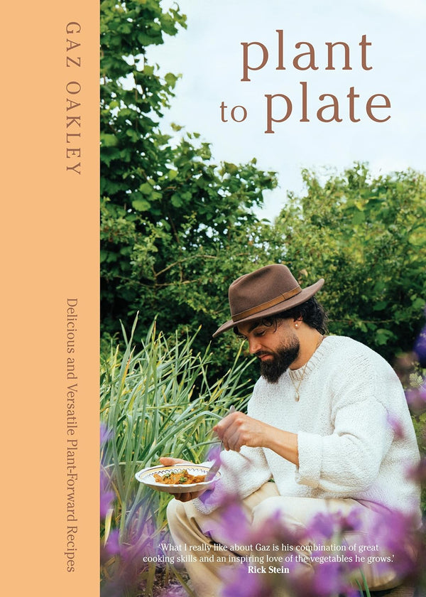 Book cover of 'Plant to Plate' by Gaz Oakley with a man eating outdoors.