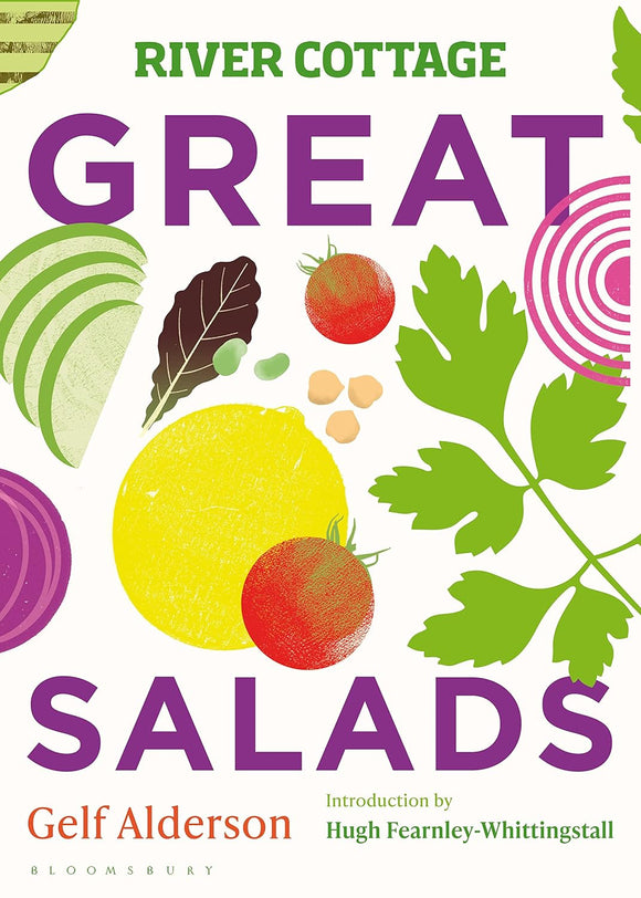 Book cover of 'River Cottage Great Salads' with colorful illustrations of vegetables on a white background.