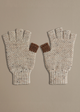 Pair of knitted fingerless gloves with brown accents on a beige background