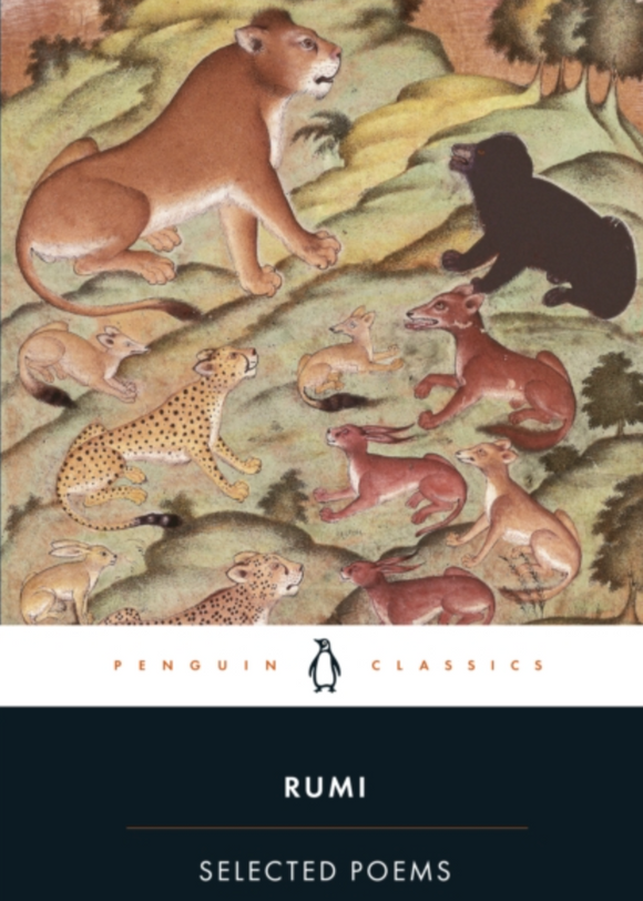 Book cover of 'Selected Poems' by Rumi with illustrations of animals on a mountainous landscape.