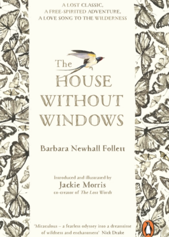 Book cover of 'The House Without Windows' with butterfly illustrations and text.