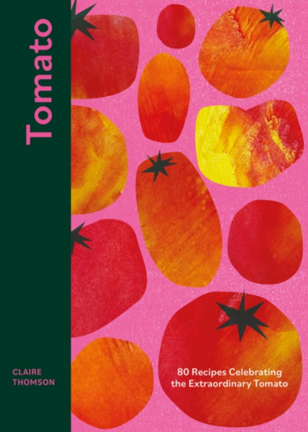Book cover of 'Tomato' by Claire Thomson with tomato illustrations on a pink background