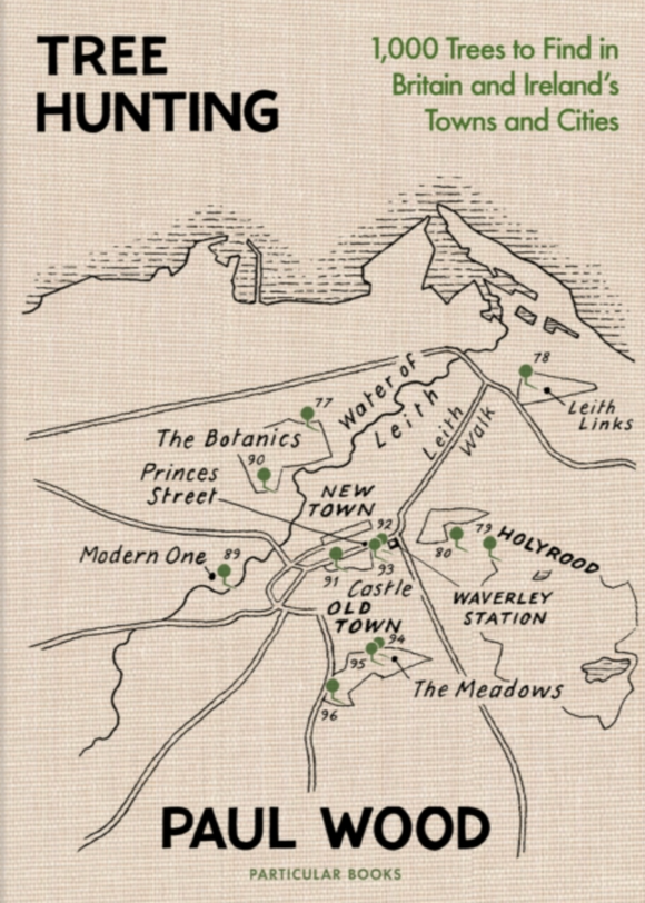 Book cover of 'Tree Hunting' by Paul Wood featuring a map of a town with tree locations.