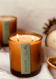 Two amber glass candles with soy wax, one lit, with a kraft gift box in the background. Decorative elements include dried orange slices and pine cones.