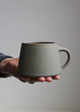 Hand holding a gray ceramic mug against a plain background