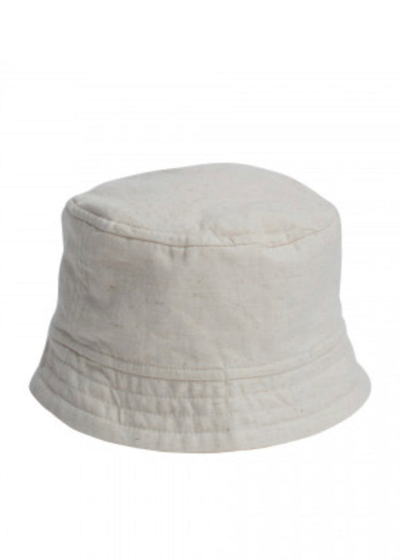 A white bucket hat suitable for children with a smooth finish and an open crown design.