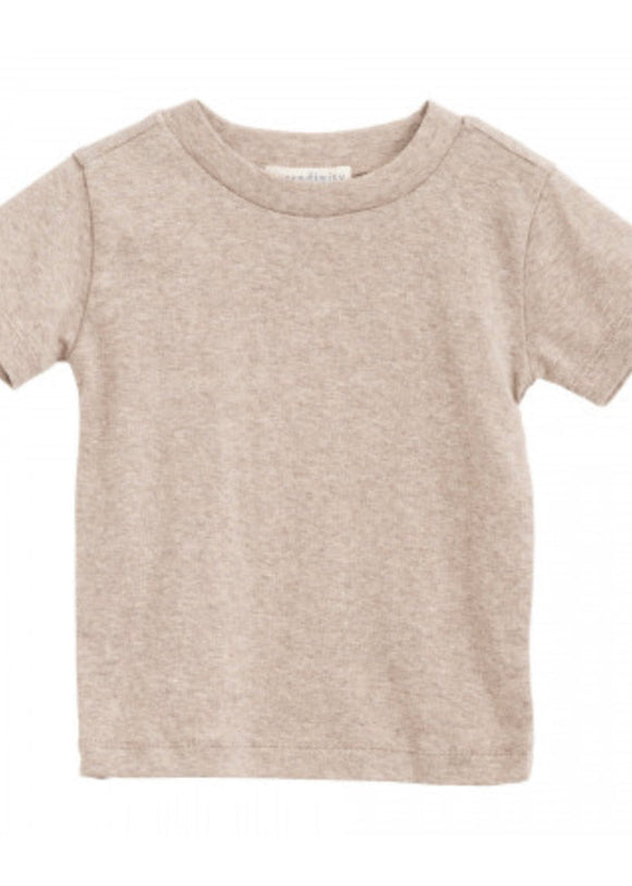 A beige organic cotton short sleeve tee for a child.