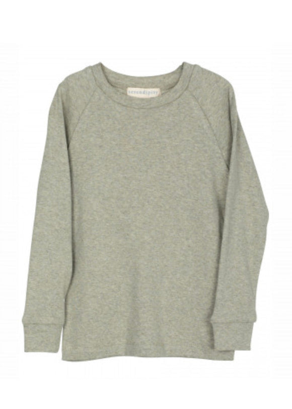 A long sleeve gray organic top for children displayed against a neutral background.