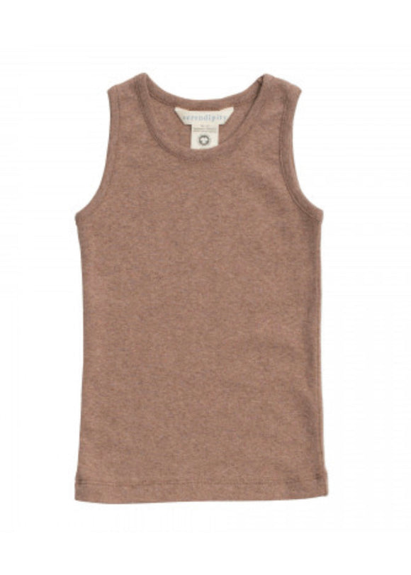 A brown tank top for children laid flat on a plain background.