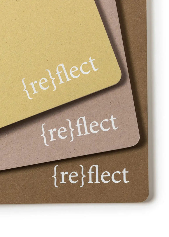 Three brown cards with 'reflect' text on a white background