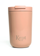 Pink thermos with 'Kept' branding on a white background