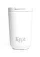 White tumbler with 'Kept' branding on a white background