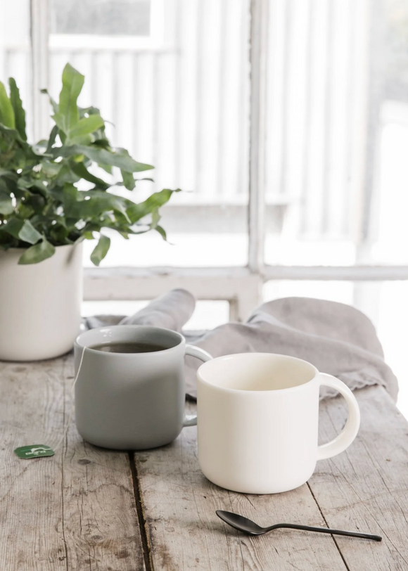 Two mugs on a wooden table with a plant and small vase in the background.
