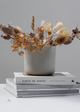 mid grey vase with dried flowers on a stack of books against a gray background