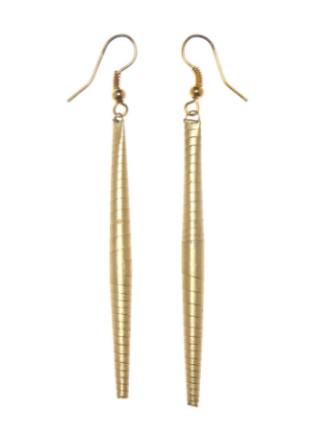 Gold earrings with a textured design on a white background