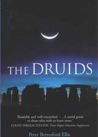 Book cover of 'A Brief History of the Druids' with Stonehenge silhouette and crescent moon.