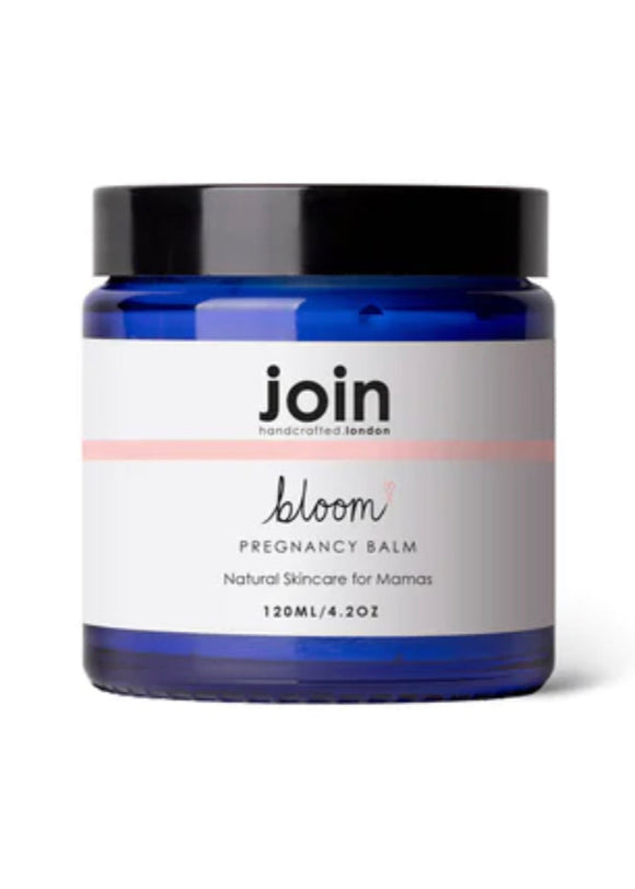 A jar of 'Join bloom pregnancy balm' with a blue lid and label featuring the brand name and product title.