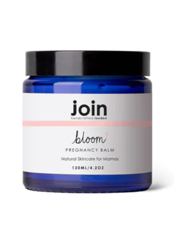 A jar of 'Join bloom pregnancy balm' with a blue lid and label featuring the brand name and product title.