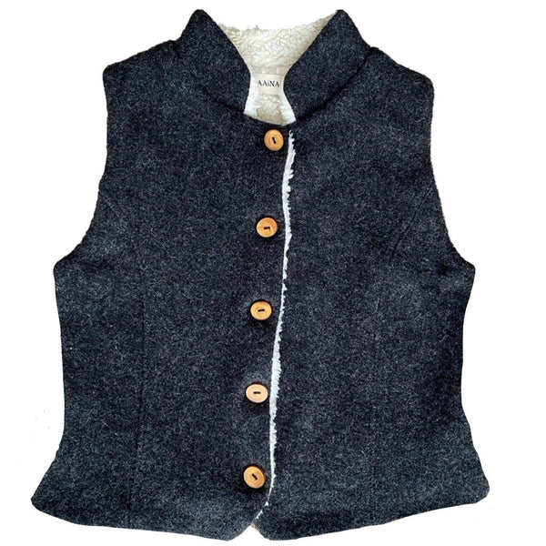 A navy blue sleeveless wool gilet with a soft sherpa lining, featuring wooden button closures.