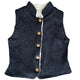 A navy blue sleeveless wool gilet with a soft sherpa lining, featuring wooden button closures.