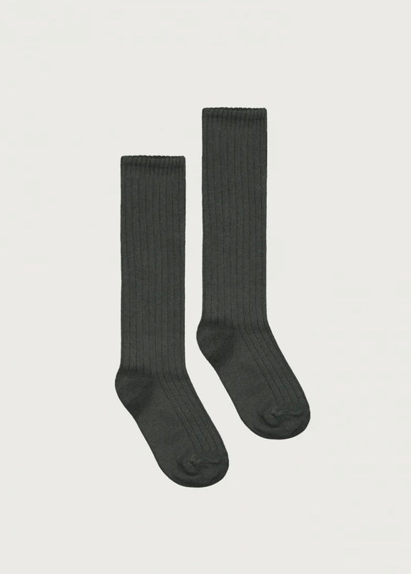 A pair of gray ribbed children's socks displayed against a white background.