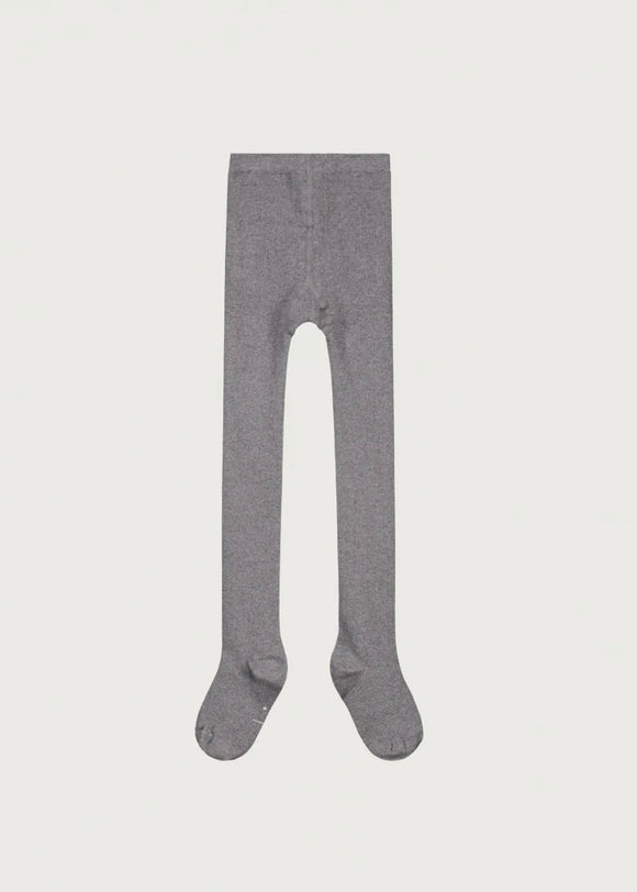 A pair of gray ribbed tights for children, displayed against a white background.