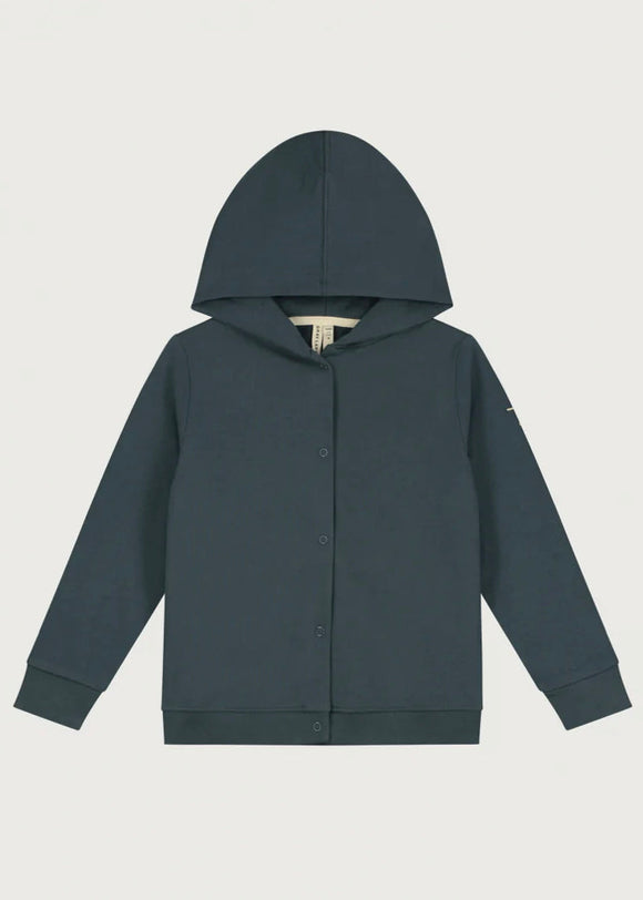 A navy blue hooded cardigan with long sleeves, displayed against a plain background.