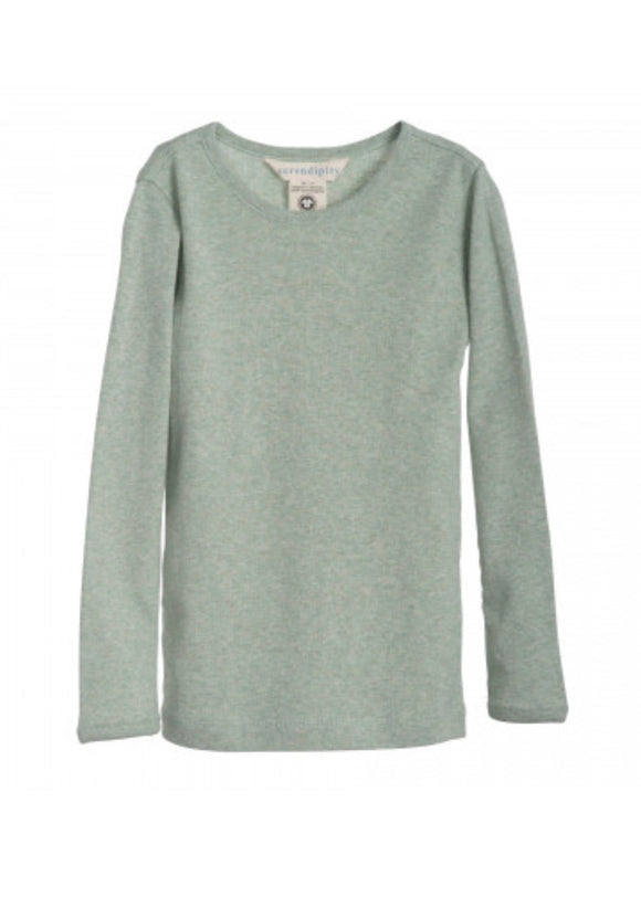 A long sleeve, slim fitted green t-shirt for children, made from organic cotton melange rib.
